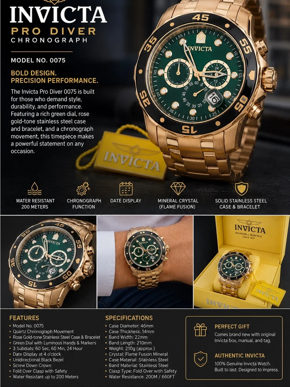 Invicta Pro Diver Men's Rose Gold Watch with Green Dial
